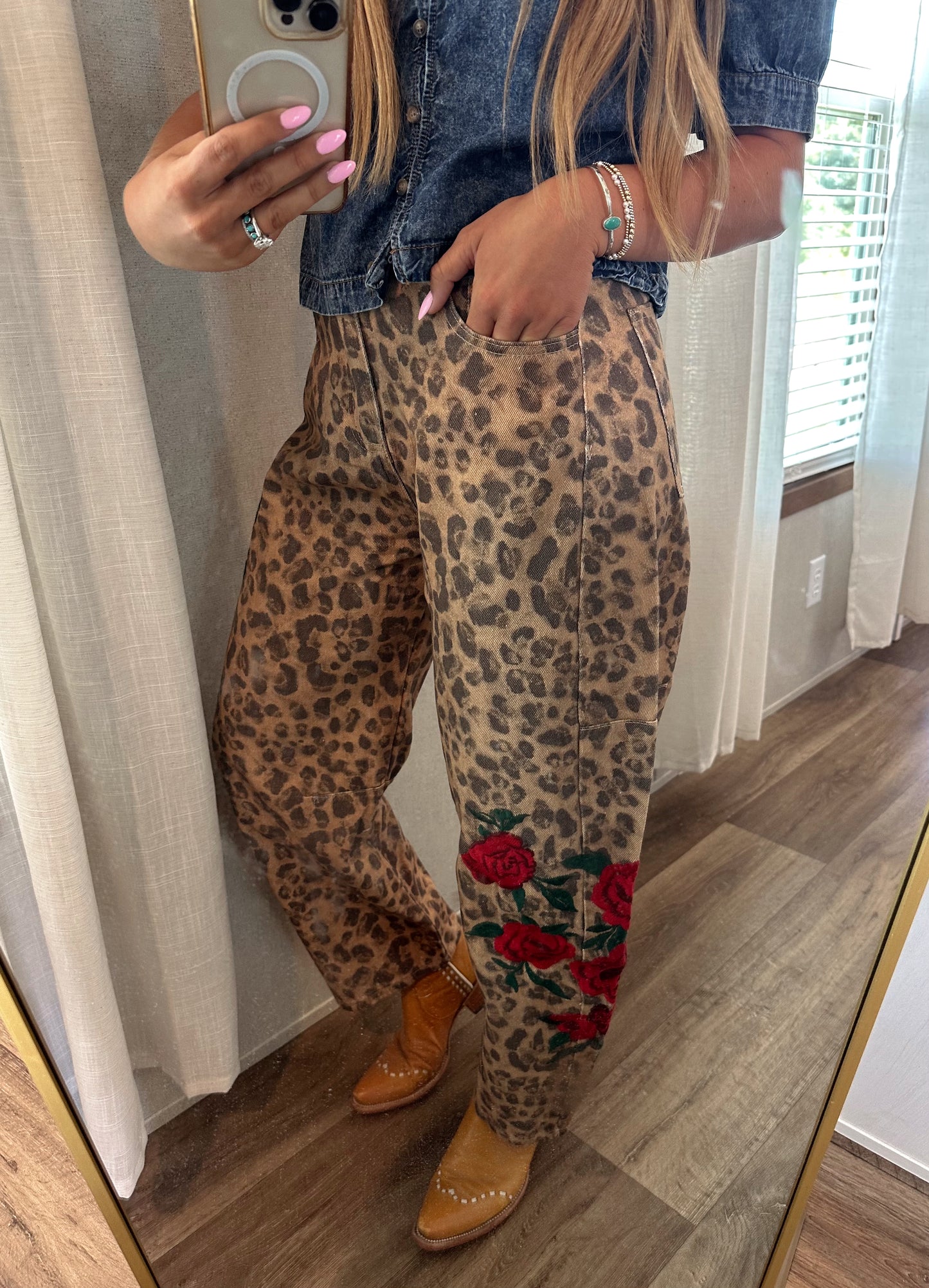 Cheetah Rose Barrel Jeans