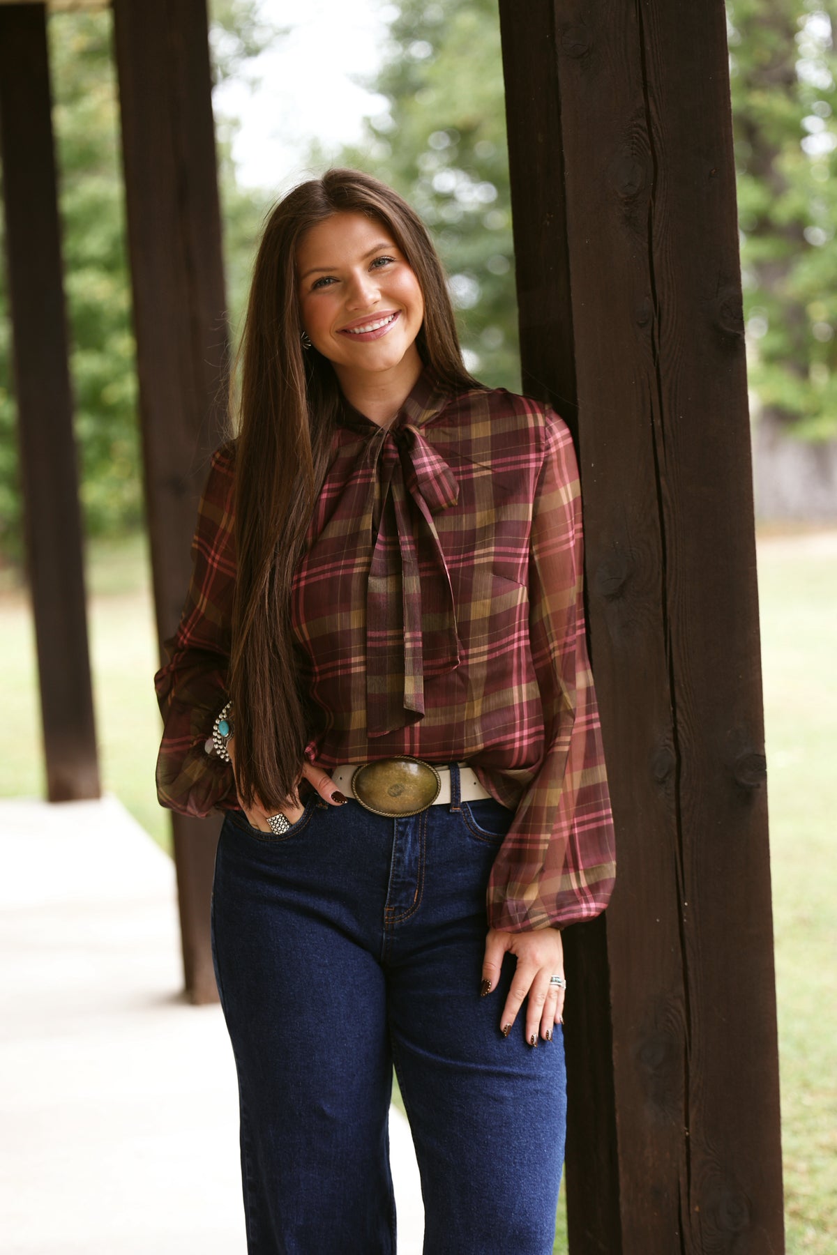 Blushing Plaid Sheer Blouse