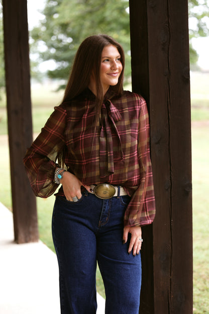 Blushing Plaid Sheer Blouse