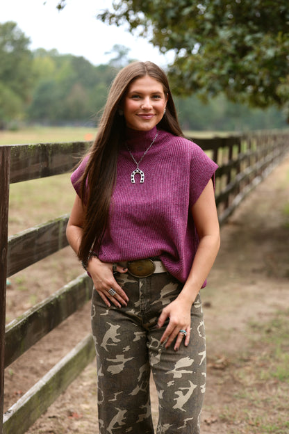 Plum High Neck Sleeveless Sweater