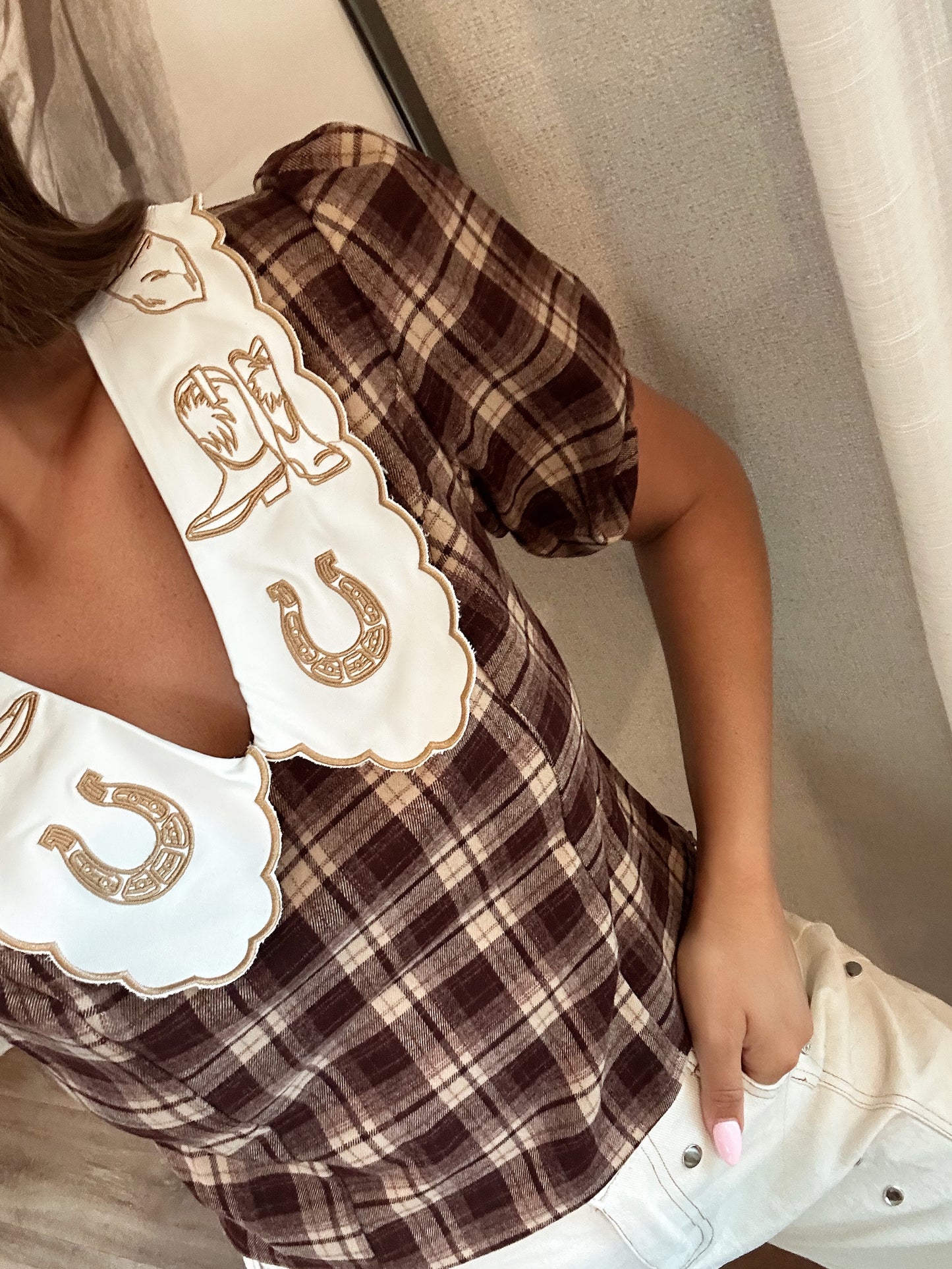 Brown Western Puff Sleeve Blouse