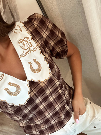 Brown Western Puff Sleeve Blouse