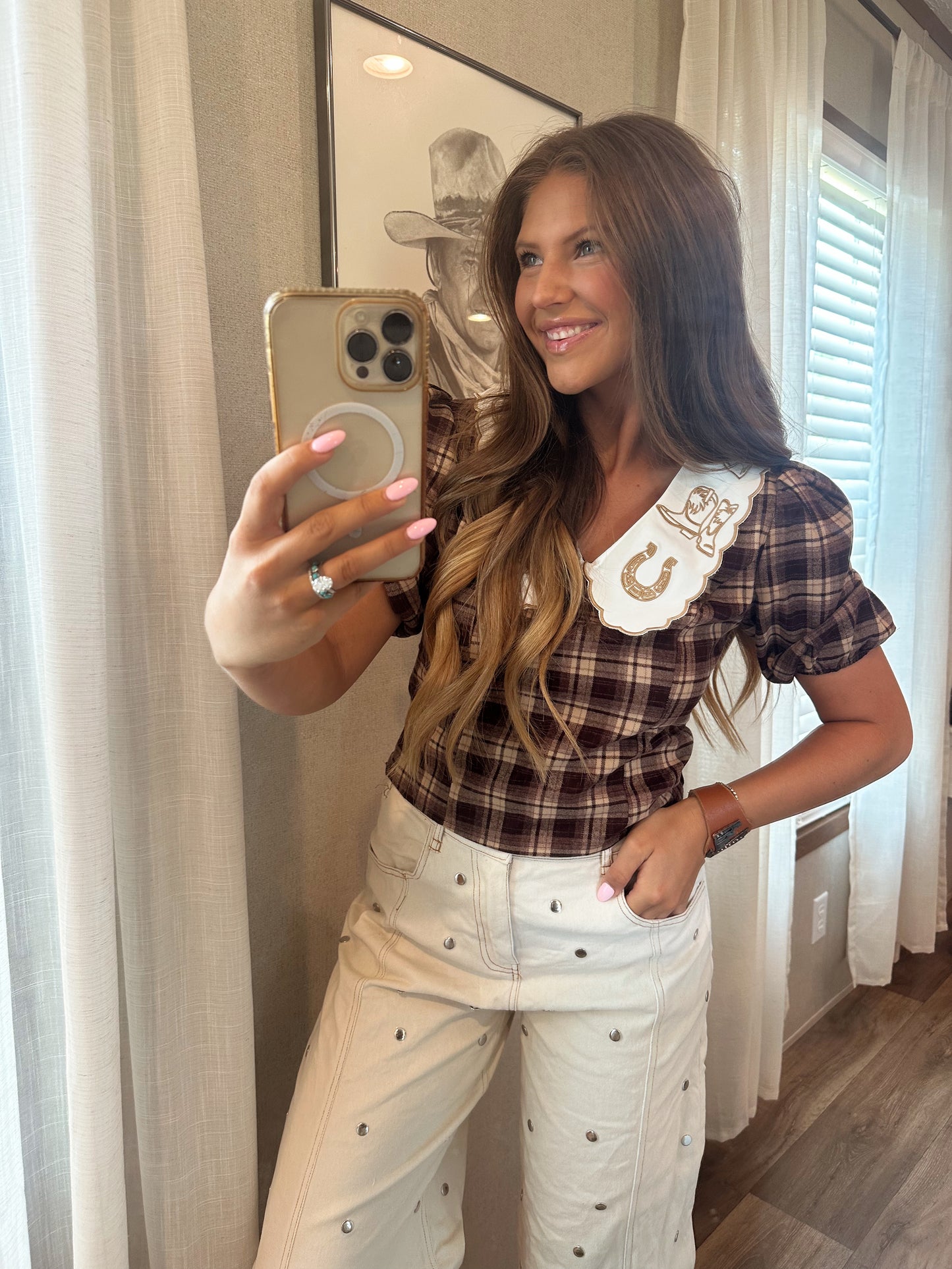 Brown Western Puff Sleeve Blouse