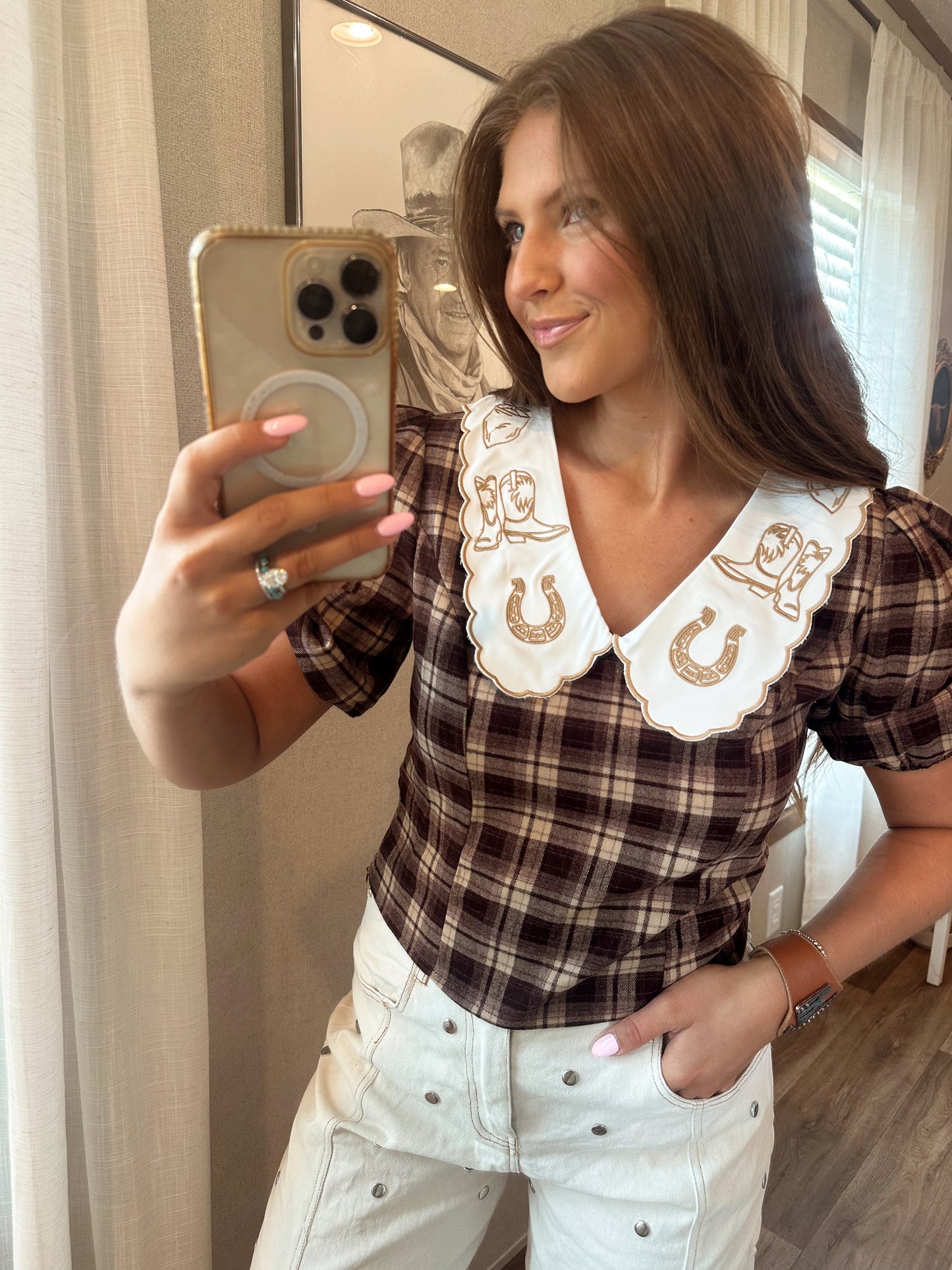 Brown Western Puff Sleeve Blouse