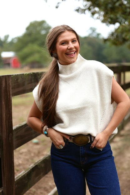 Cream White High Neck Sleeveless Sweater