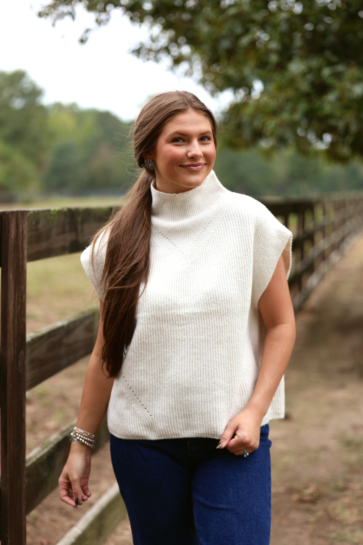 Cream White High Neck Sleeveless Sweater