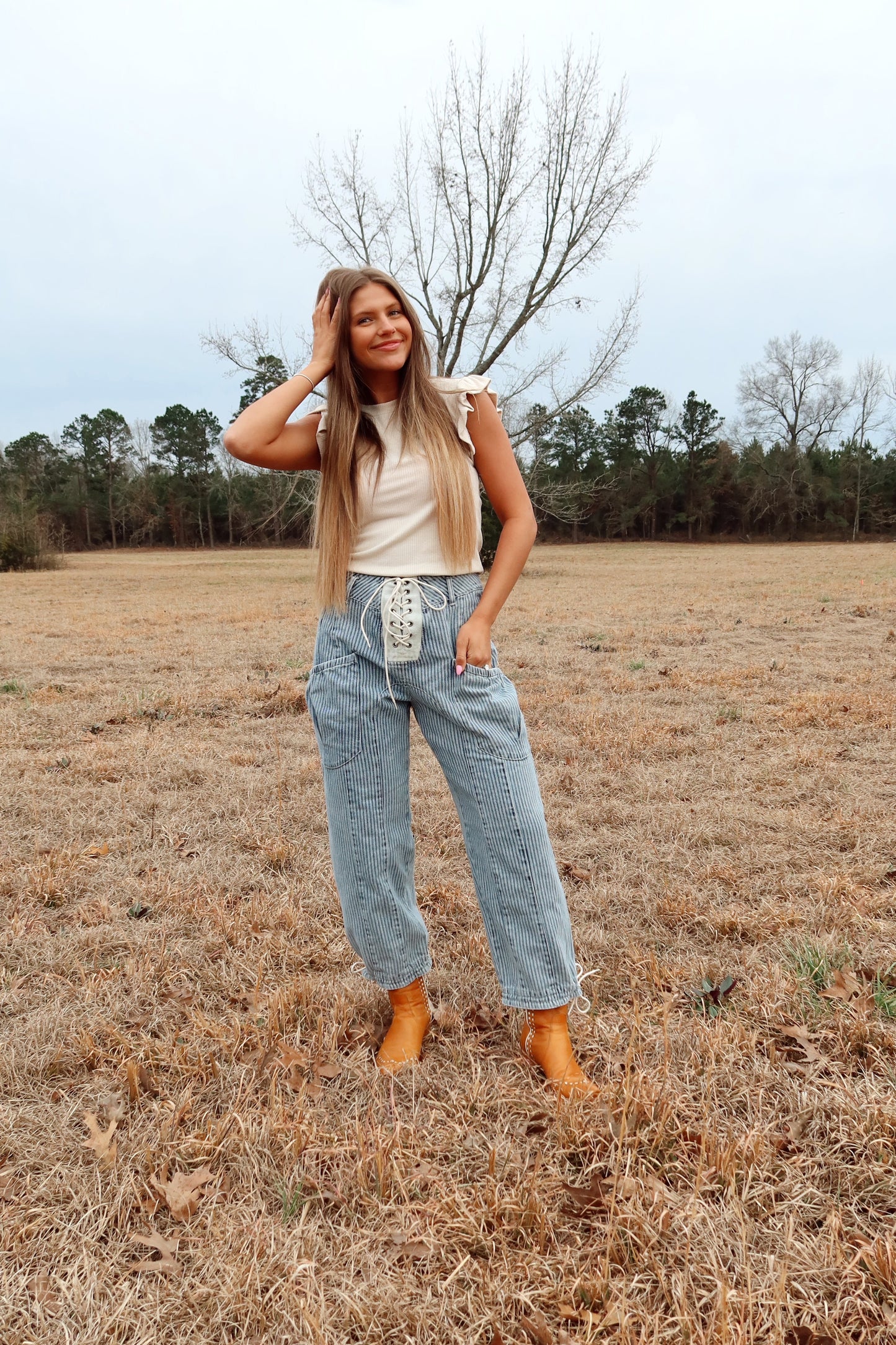 Knot Tie Striped Barrel Jeans