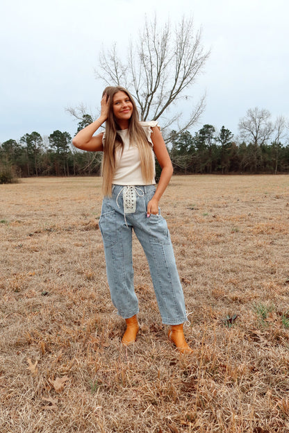 Knot Tie Striped Barrel Jeans
