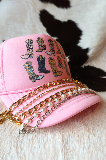 Pink Cowgirl Boot Trucker Hat