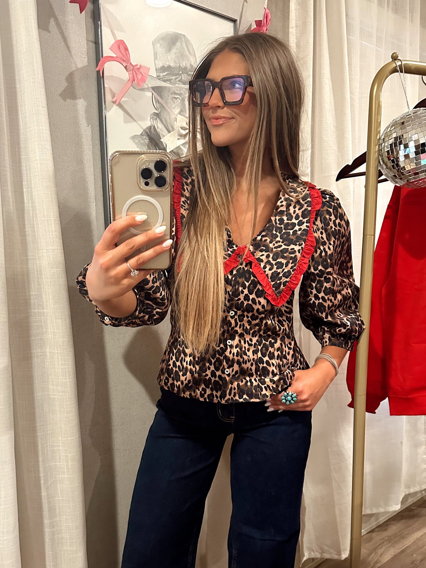 Cheetah Top with Red Babydoll Neck