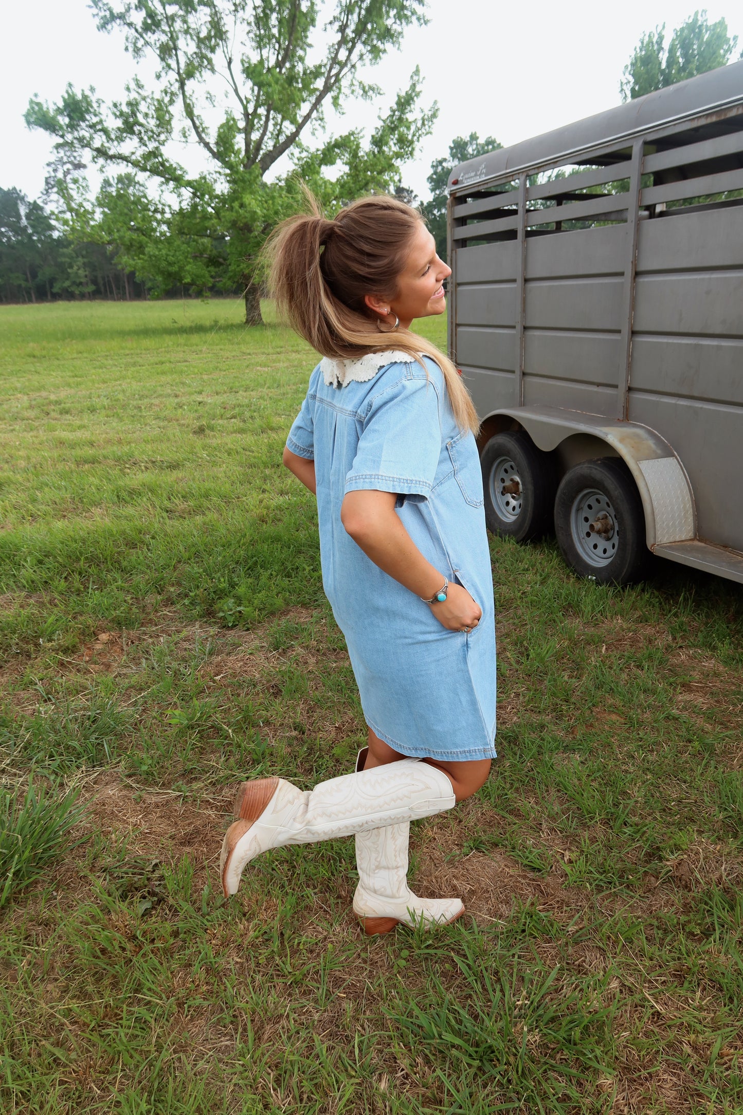 Lace Collared Denim Dress