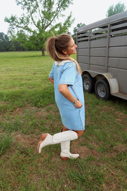 Lace Collared Denim Dress
