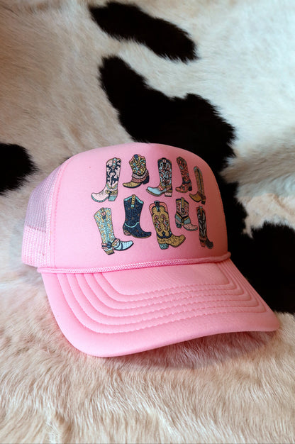 Pink Cowgirl Boot Trucker Hat