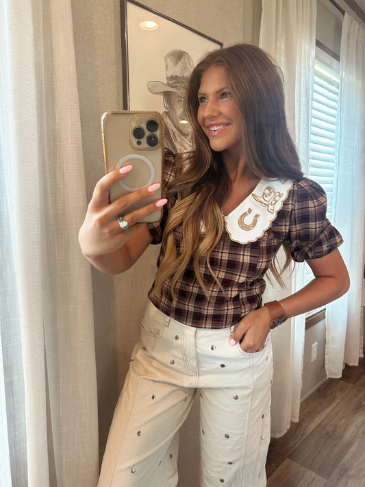 Brown Western Puff Sleeve Blouse