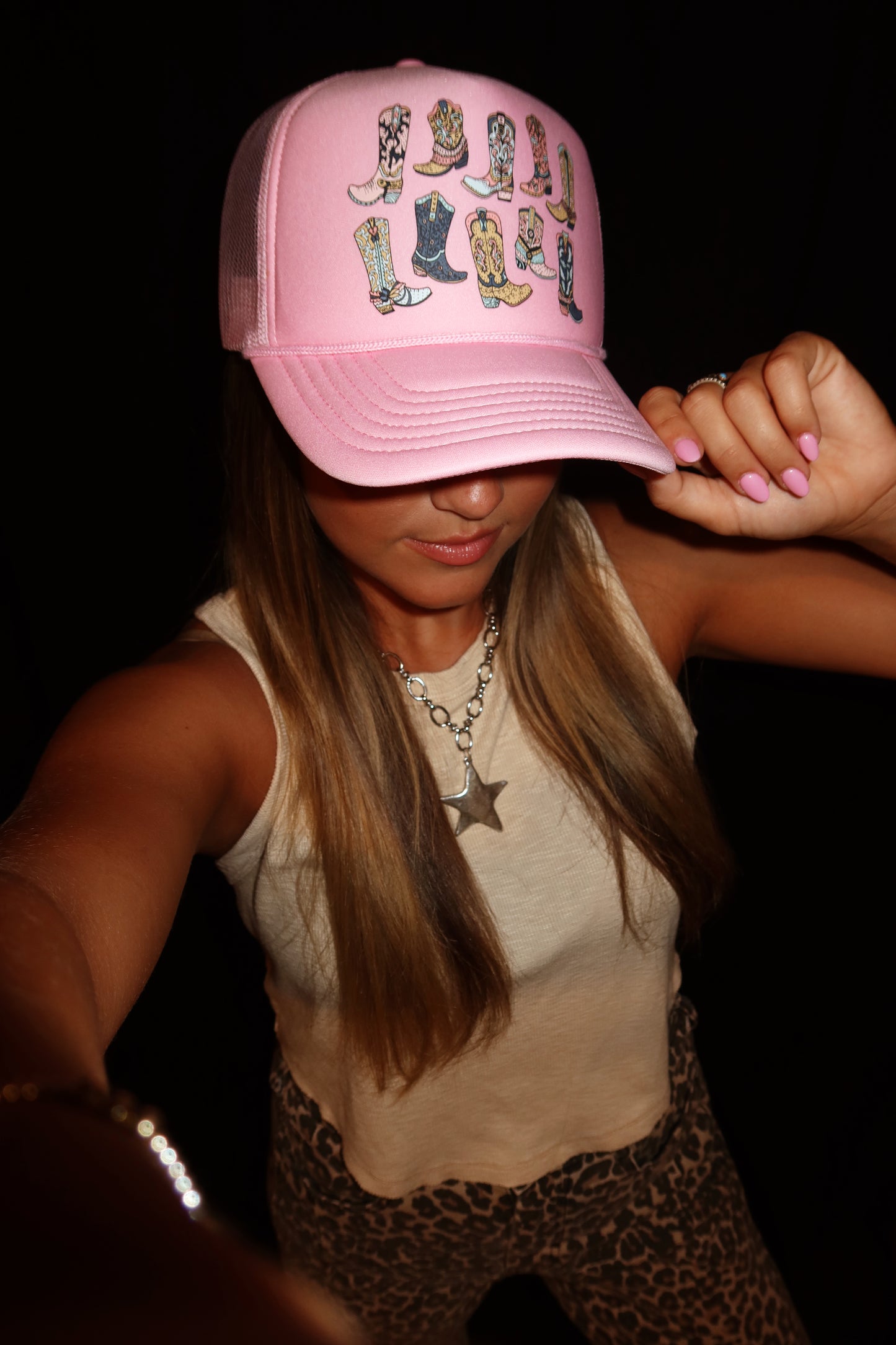 Pink Cowgirl Boot Trucker Hat