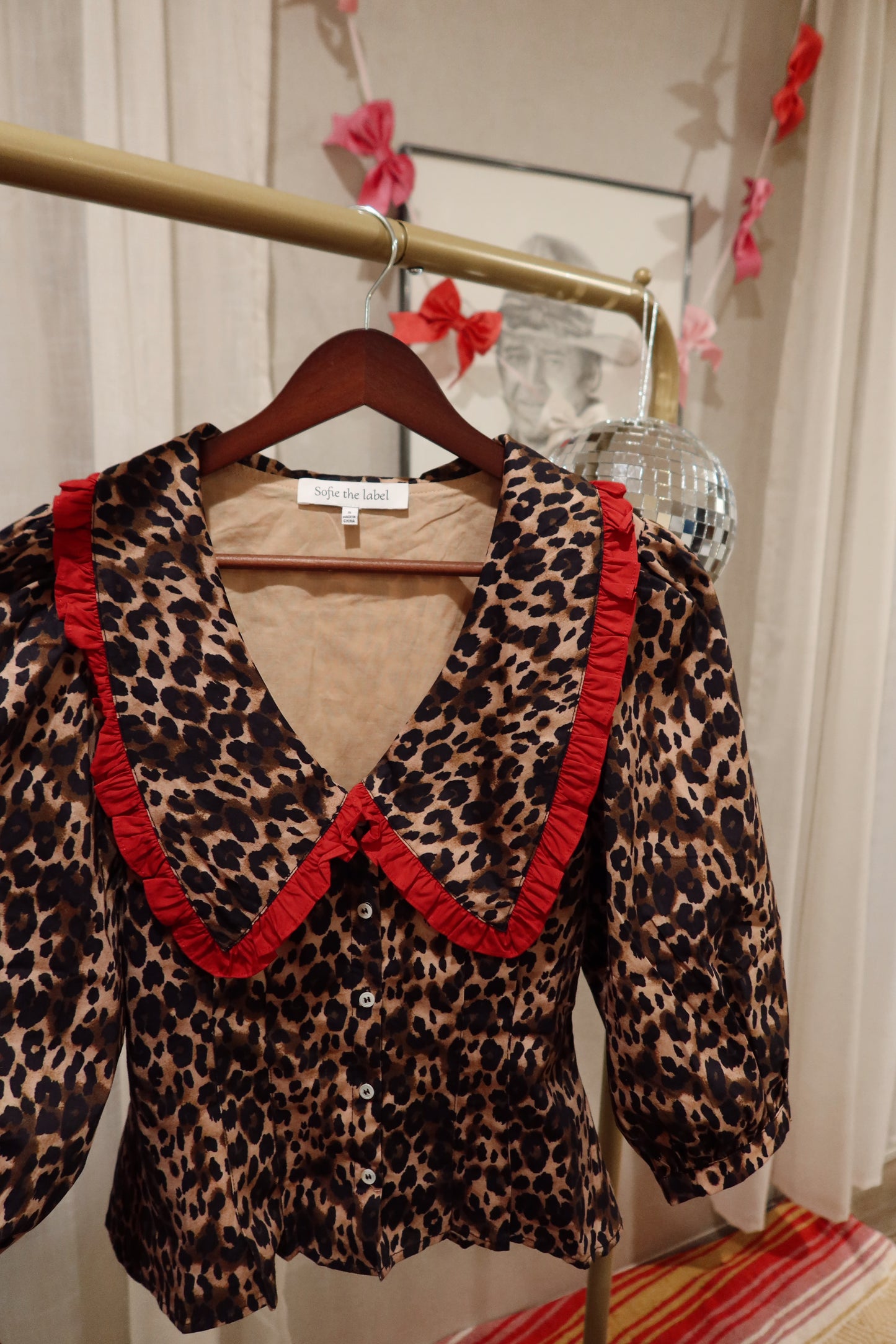 Cheetah Top with Red Babydoll Neck