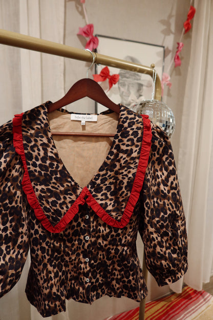 Cheetah Top with Red Babydoll Neck