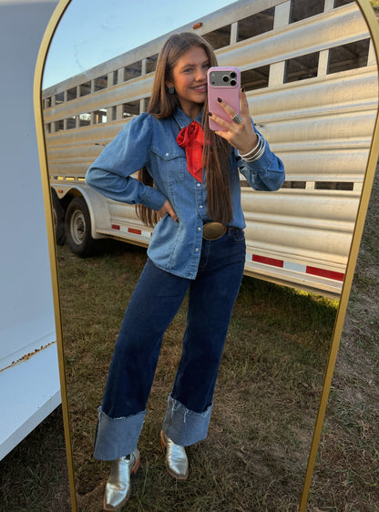 Dusty Blue Jean Pearl Snap