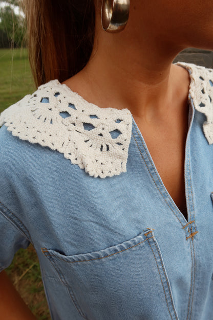 Lace Collared Denim Dress