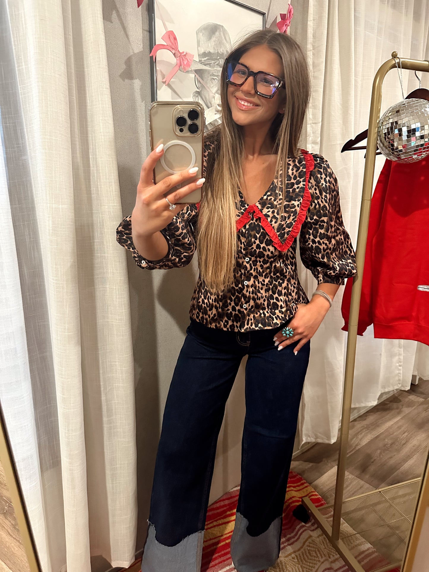 Cheetah Top with Red Babydoll Neck