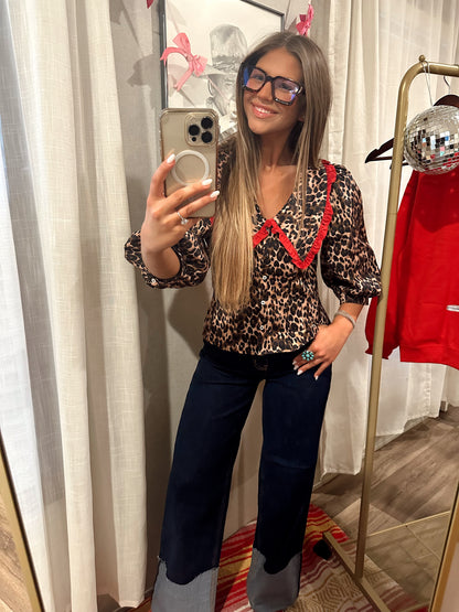 Cheetah Top with Red Babydoll Neck