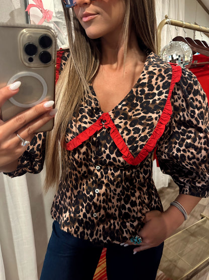 Cheetah Top with Red Babydoll Neck